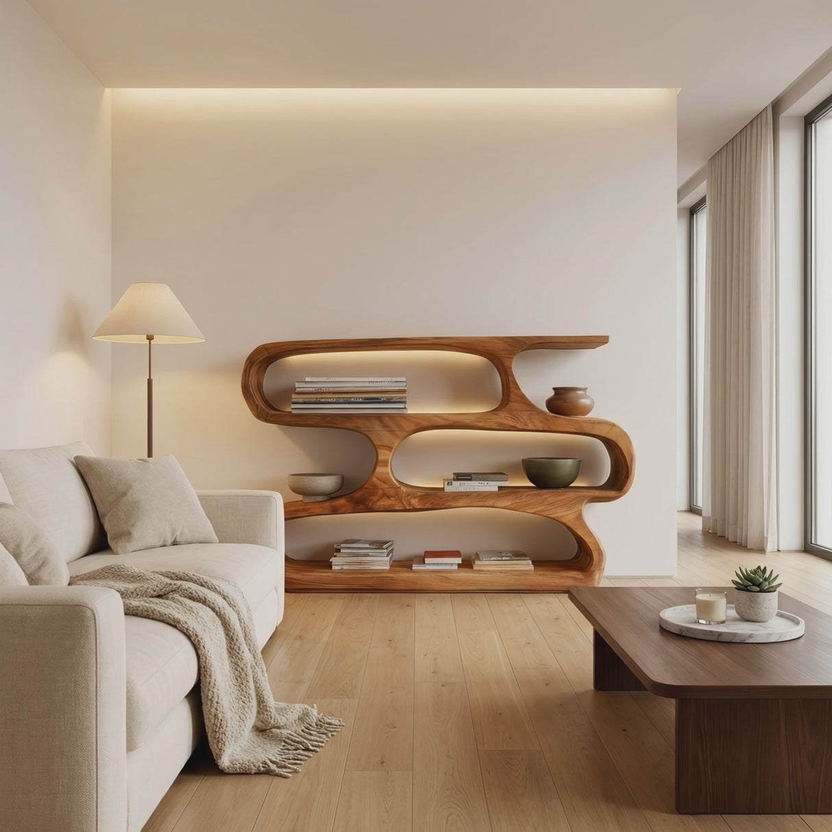 Modern Curved Bookcase For Minimalist Living Room Decor