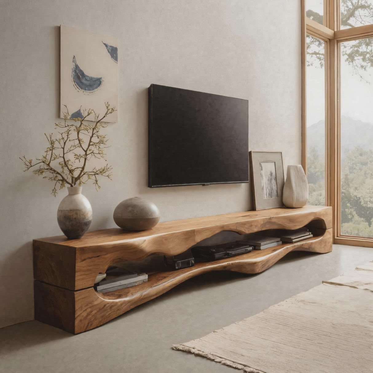 Contemporary Sculptural TV Stand Wavy Carved For Living Room