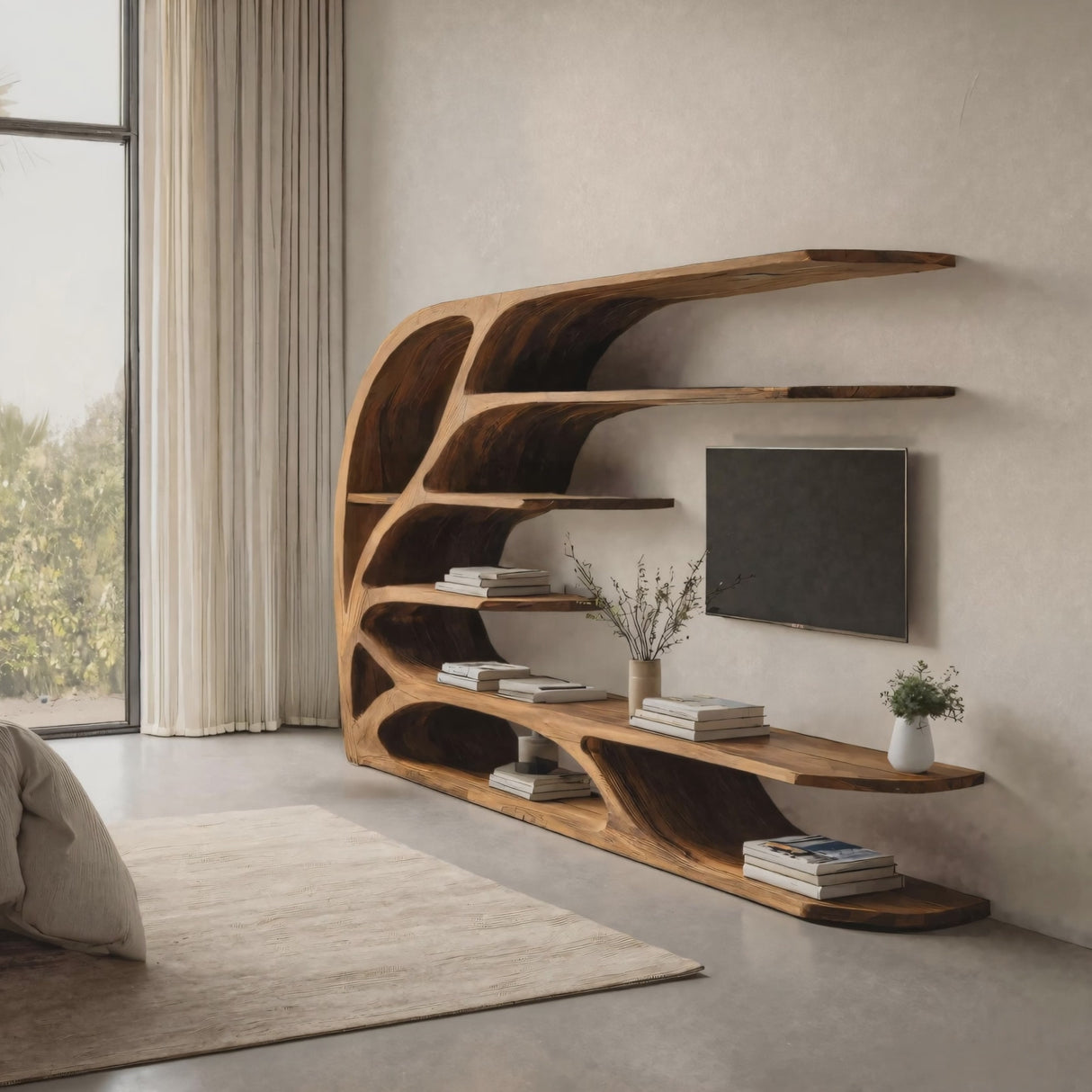 Modern Sculptural Wavy Carved Media Console For Living Room
