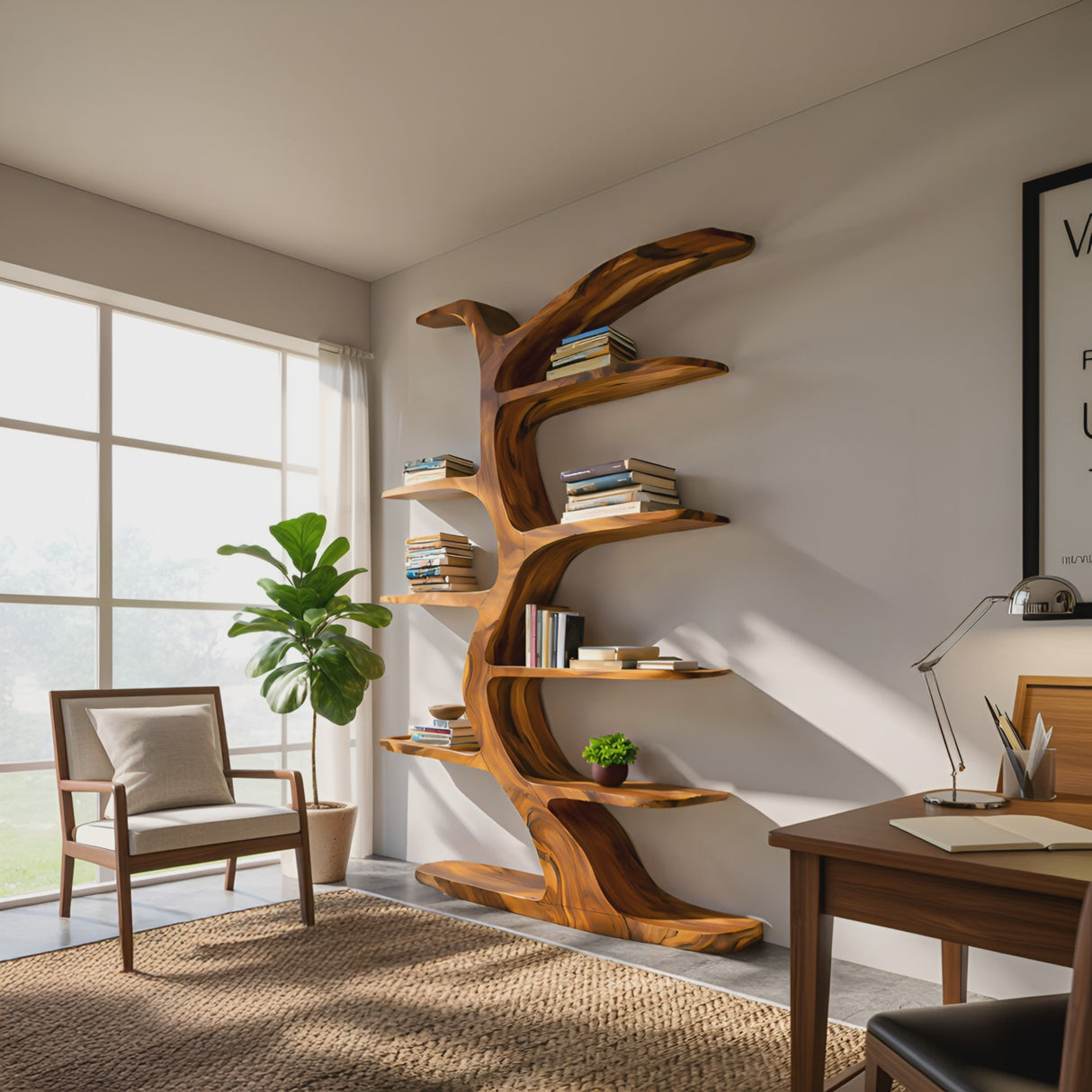 Modern Bookshelf Tree Inspired Curved Design For Living Room