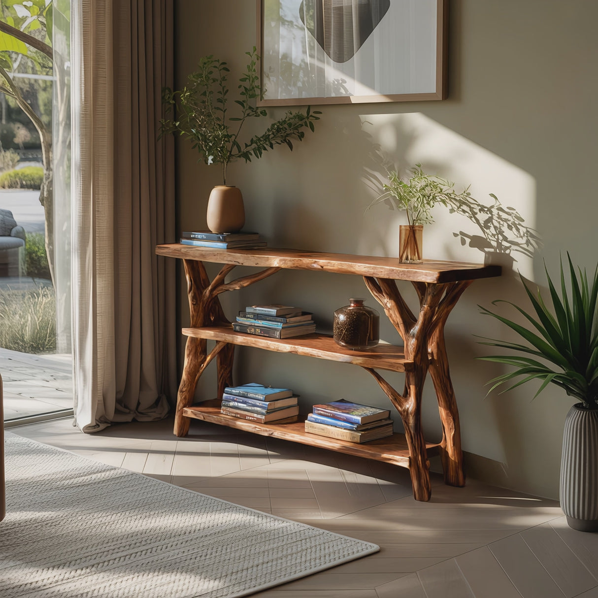 Farmhouse Wooden Live Edge Console Table For Rustic Living Room Decor