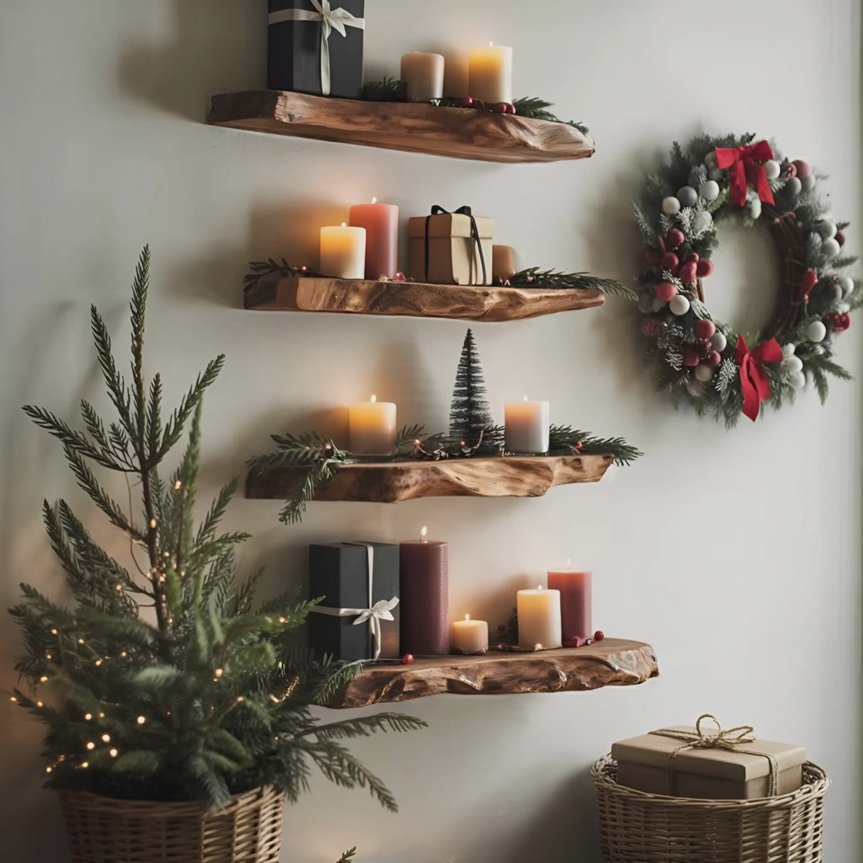 Handcrafted Solid Wood Floating Shelf For Cozy Christmas Living Room