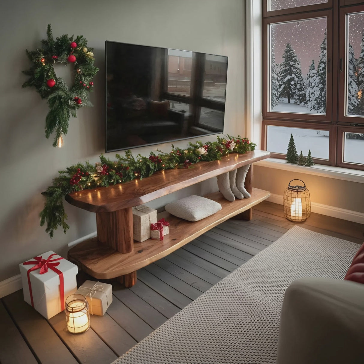 Handcrafted Live Edge Wooden TV Console For Holiday Bedroom Decor