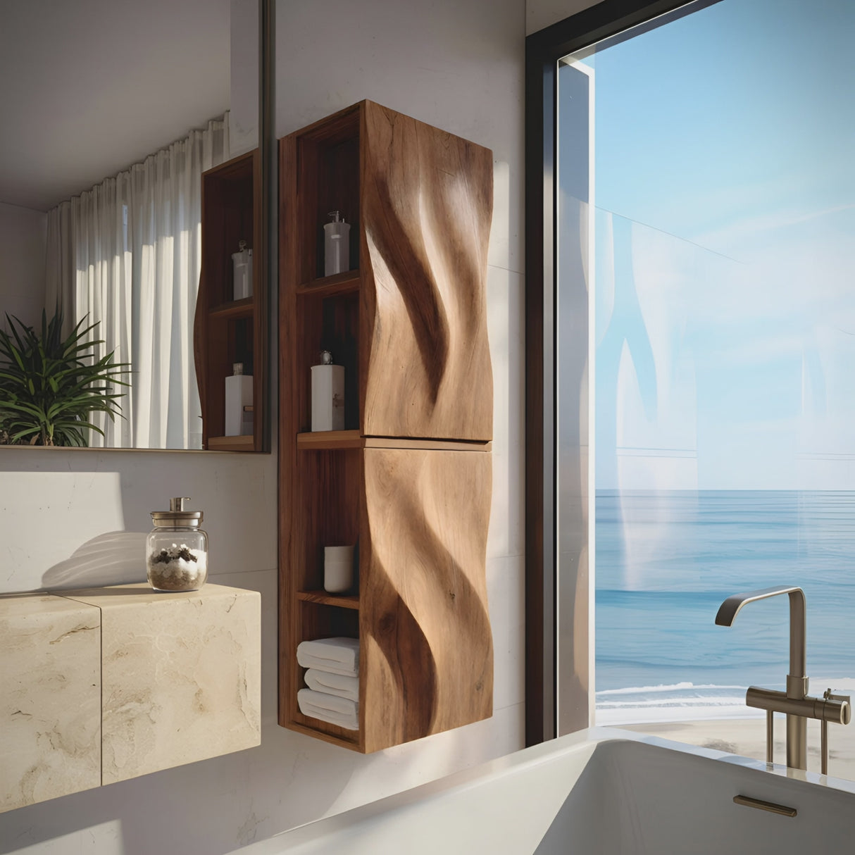 Luxury Bathroom Cabinet Wave Carved Doors For Bathroom