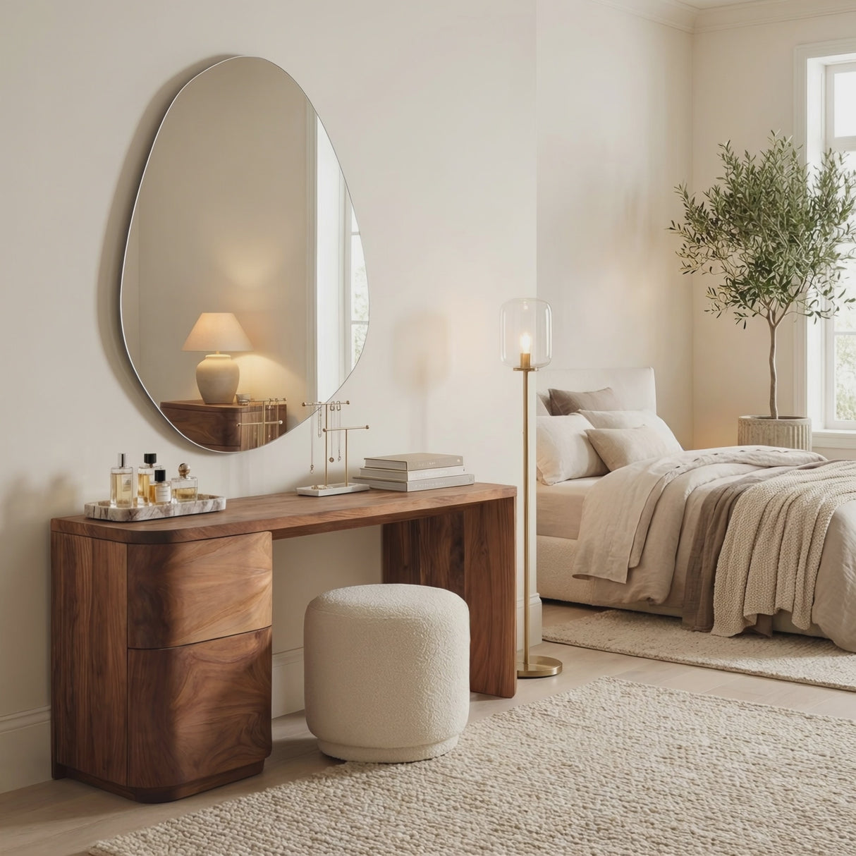 Modern Sculptural Vanity Table With Drawer Storage For Bedroom