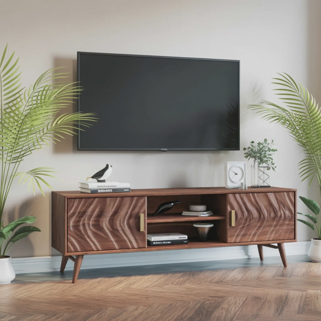 Mid Century TV Stand Wave Cabinet For Living Room And Media