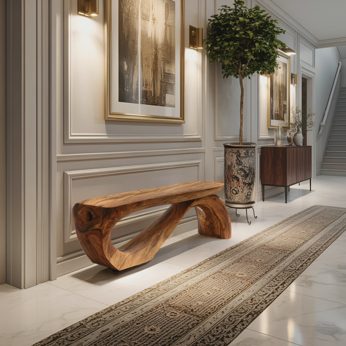Minimal Organic Bench With Smooth Curved Form For Entryway