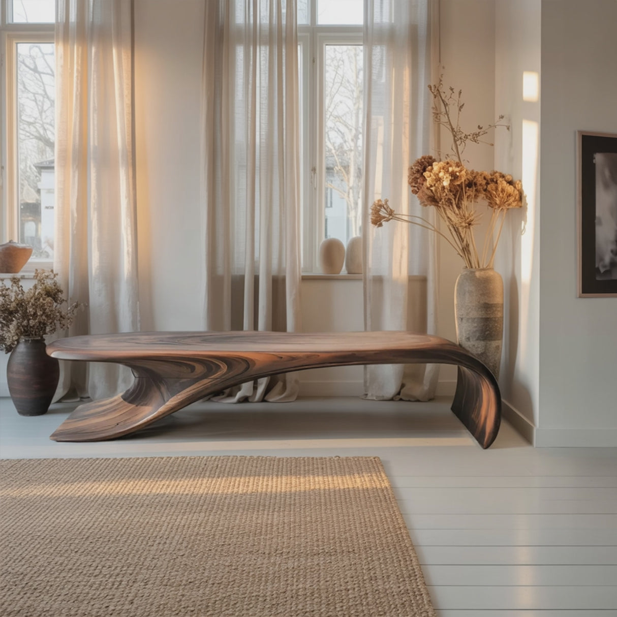 Modern Sculptural Bench With Flowing Curves For Living Room