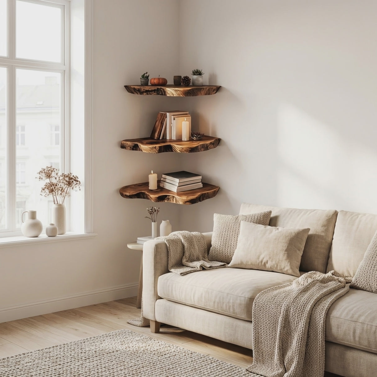 Handcrafted Wooden Live Edge Corner Shelf For Furniture Decor