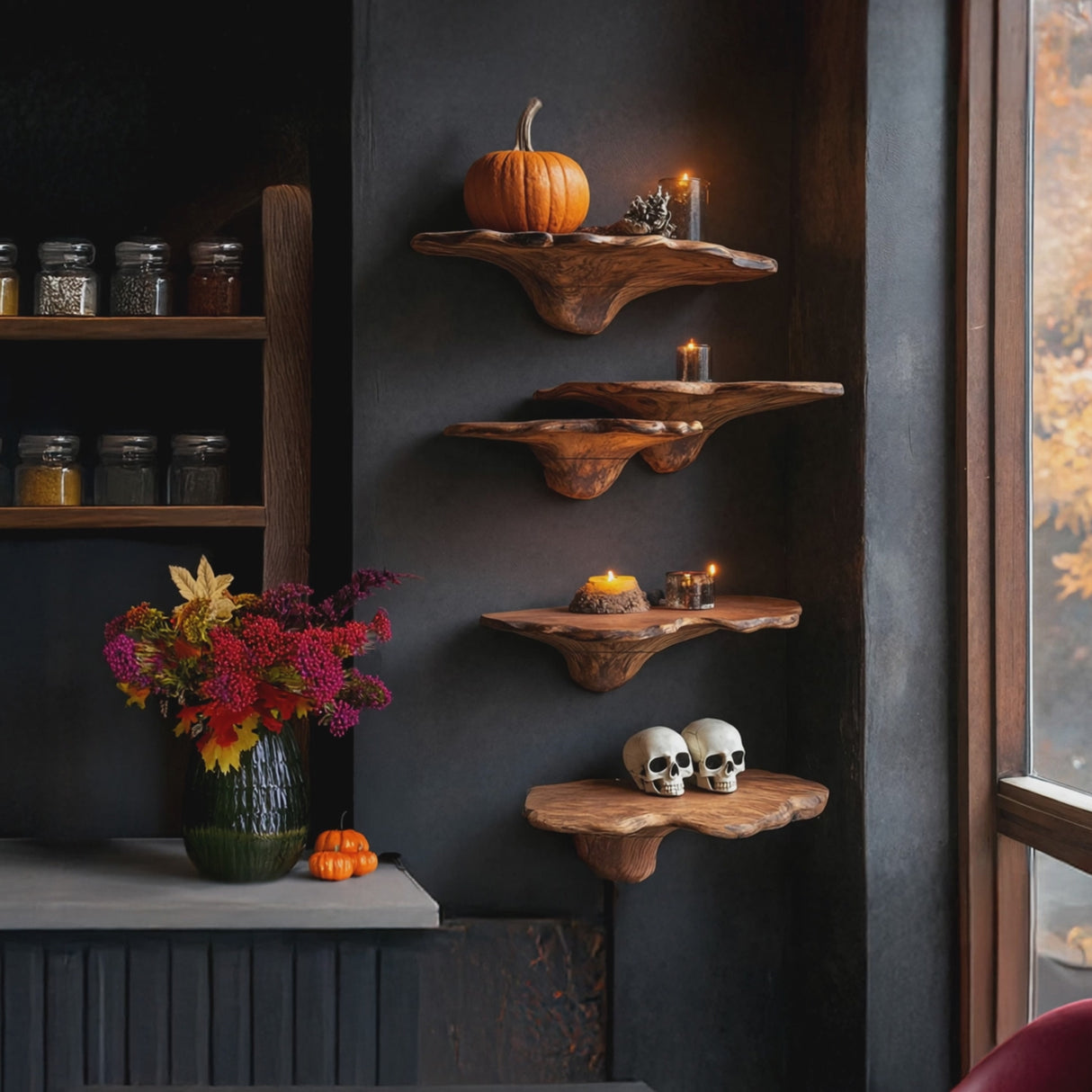 Farmhouse Live Edge Mushroom Shelf For Halloween Bedroom Decor