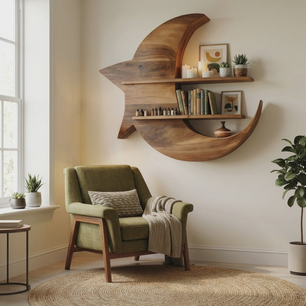 Handcrafted Moon And Star Wooden Shelf For Bedroom Decor