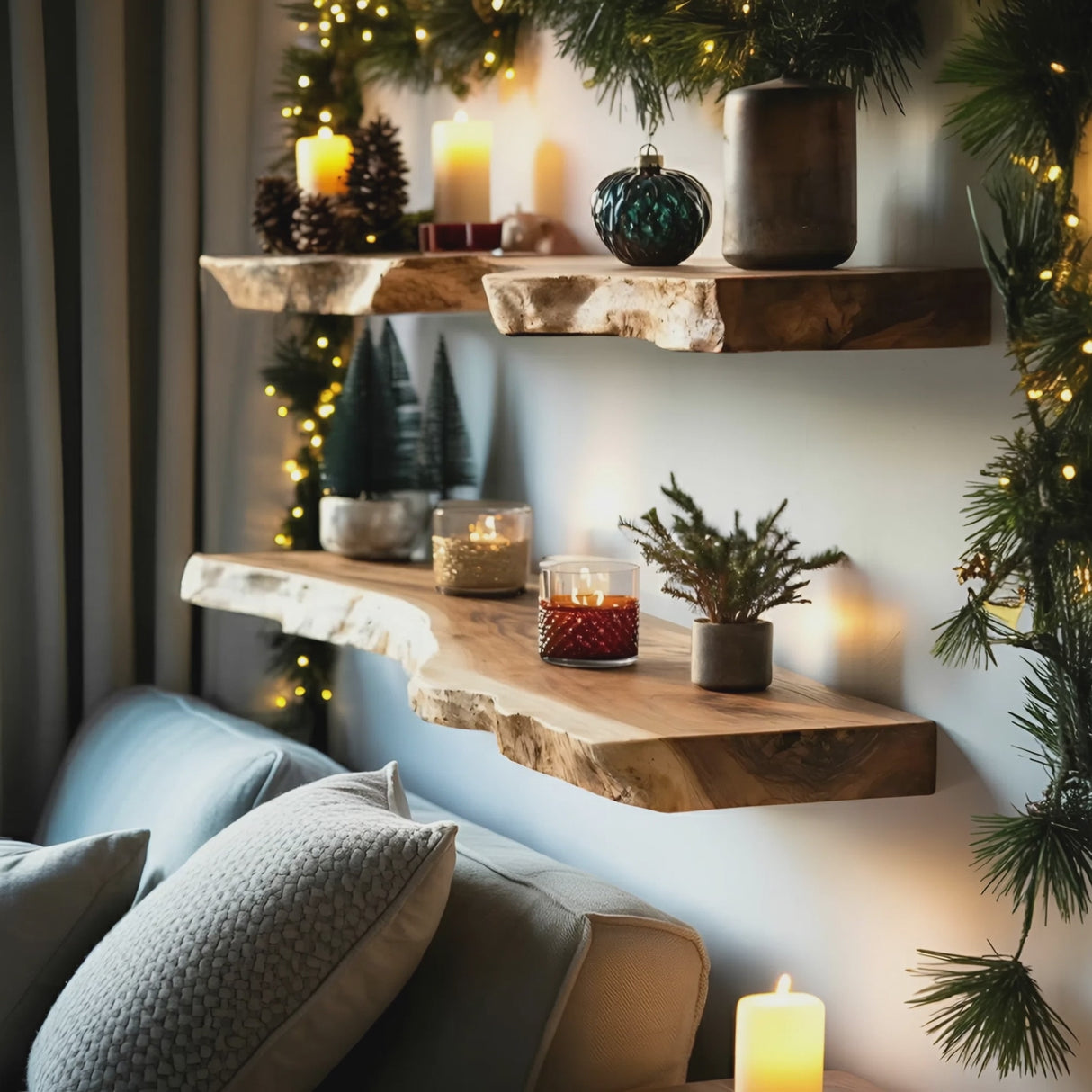 Mid Century Wooden Floating Shelf For Cozy Christmas Bedroom Setup