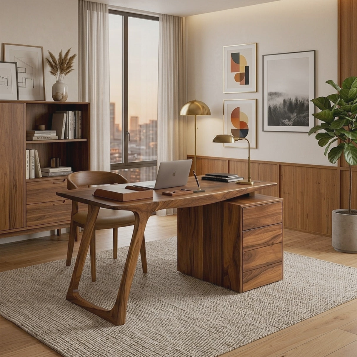 Modern Organic Wood Writing Desk With Storage For Home Office