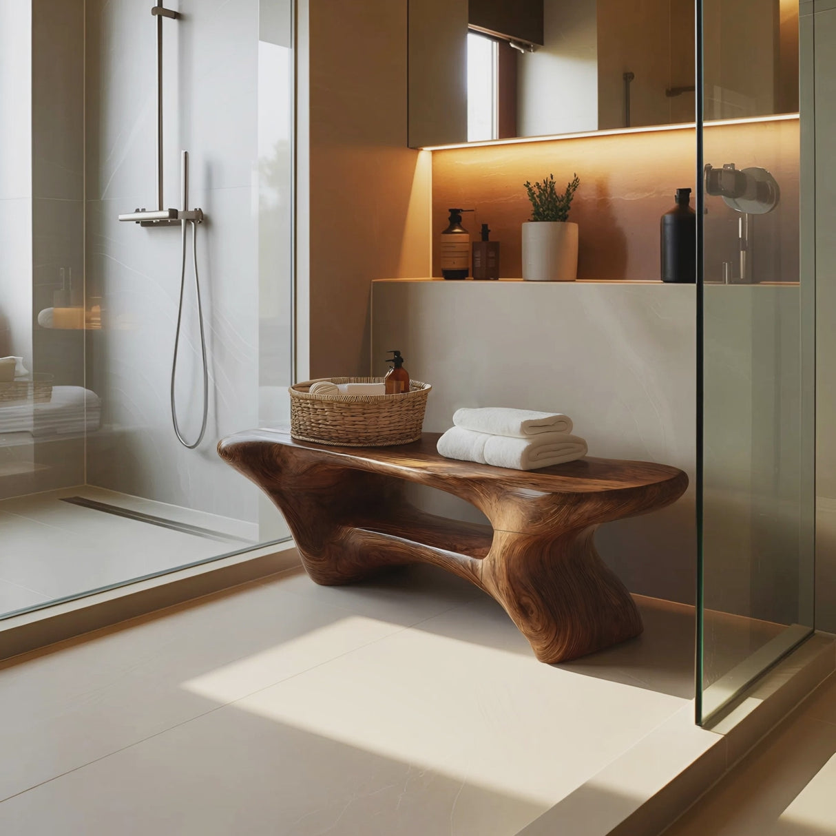 Modern Organic Bathroom Seat With Center Shelf For Bathroom