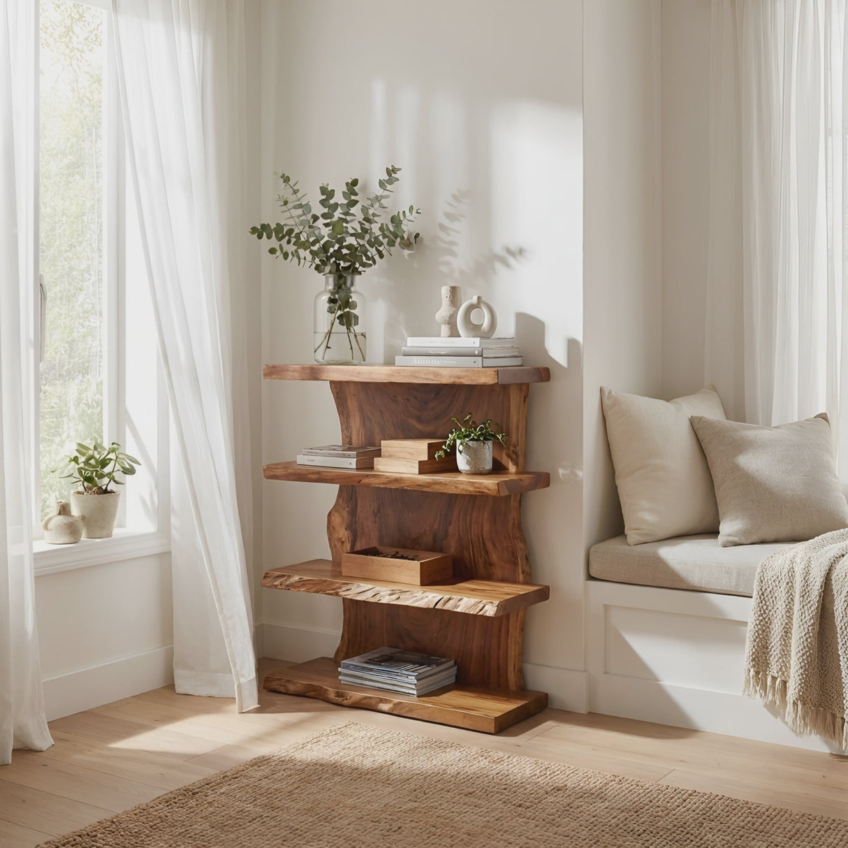 Modern Wooden Live Edge Standing Shelf For Entryway Storage Decor