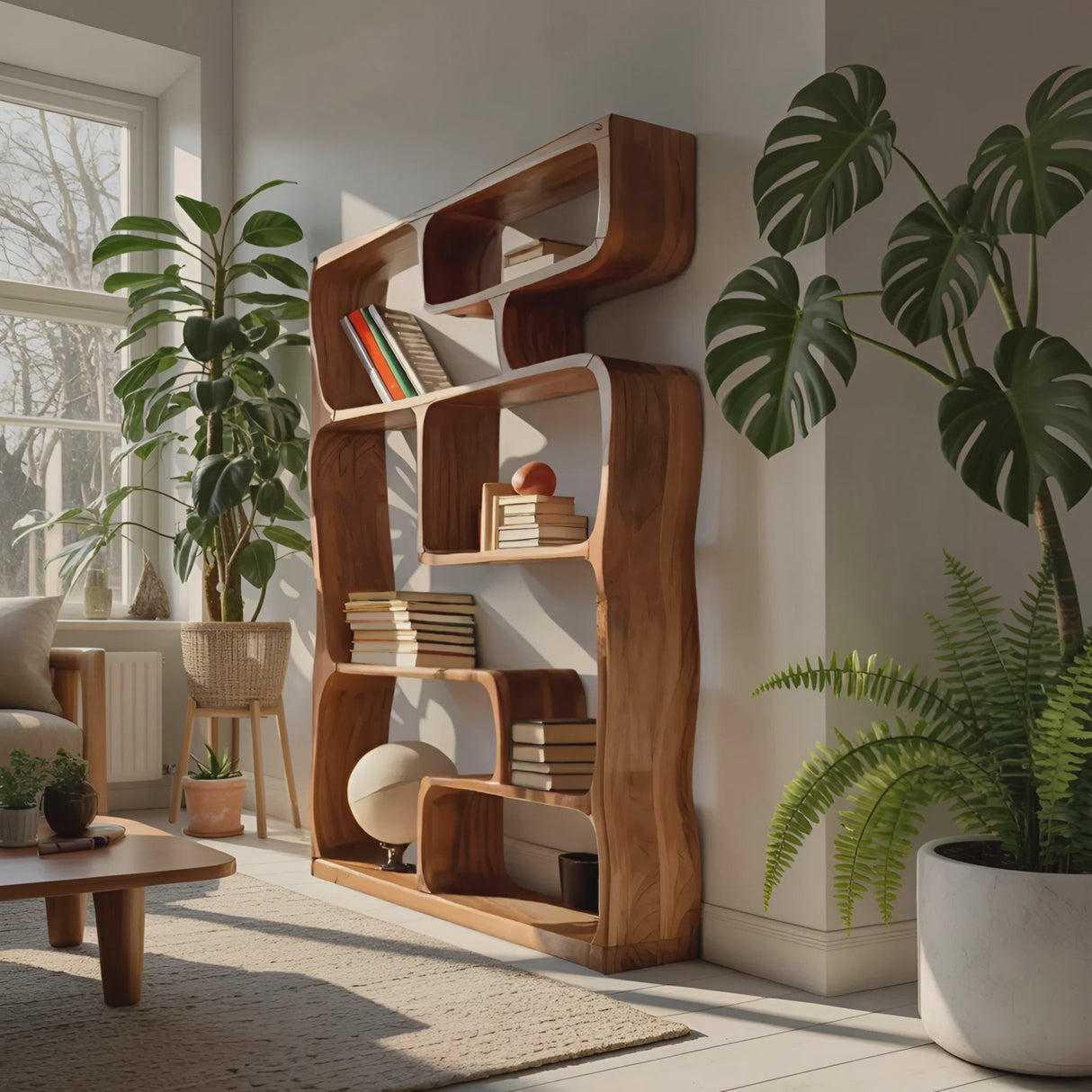 Modern Sculptural Bookshelf With Geometric Design For Living Room