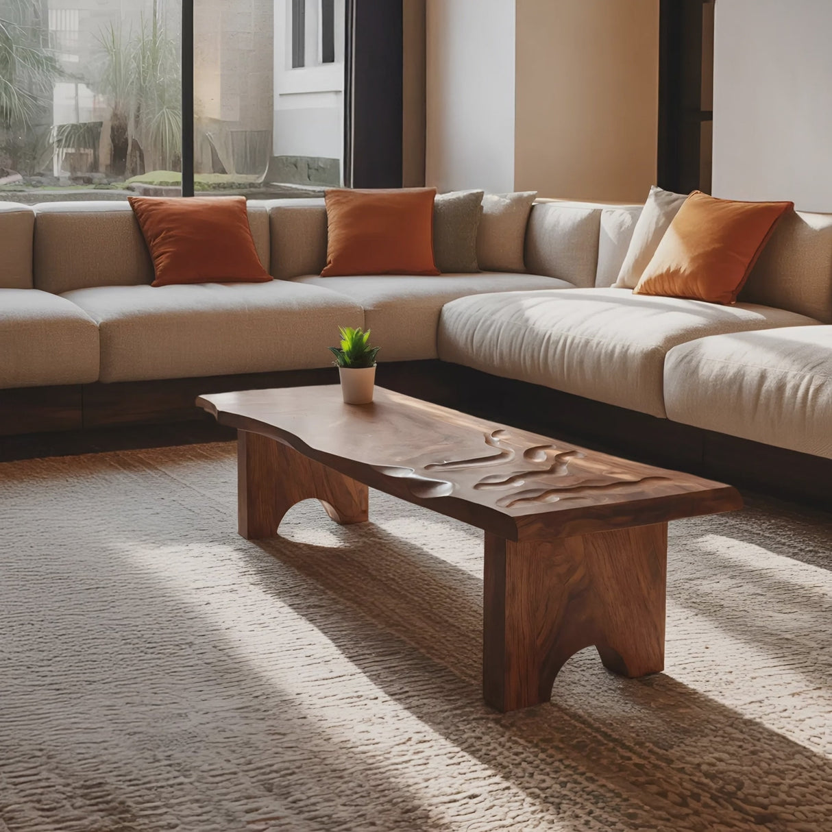 Mid Century Abstract Solid Wood Coffee Table For Entryway