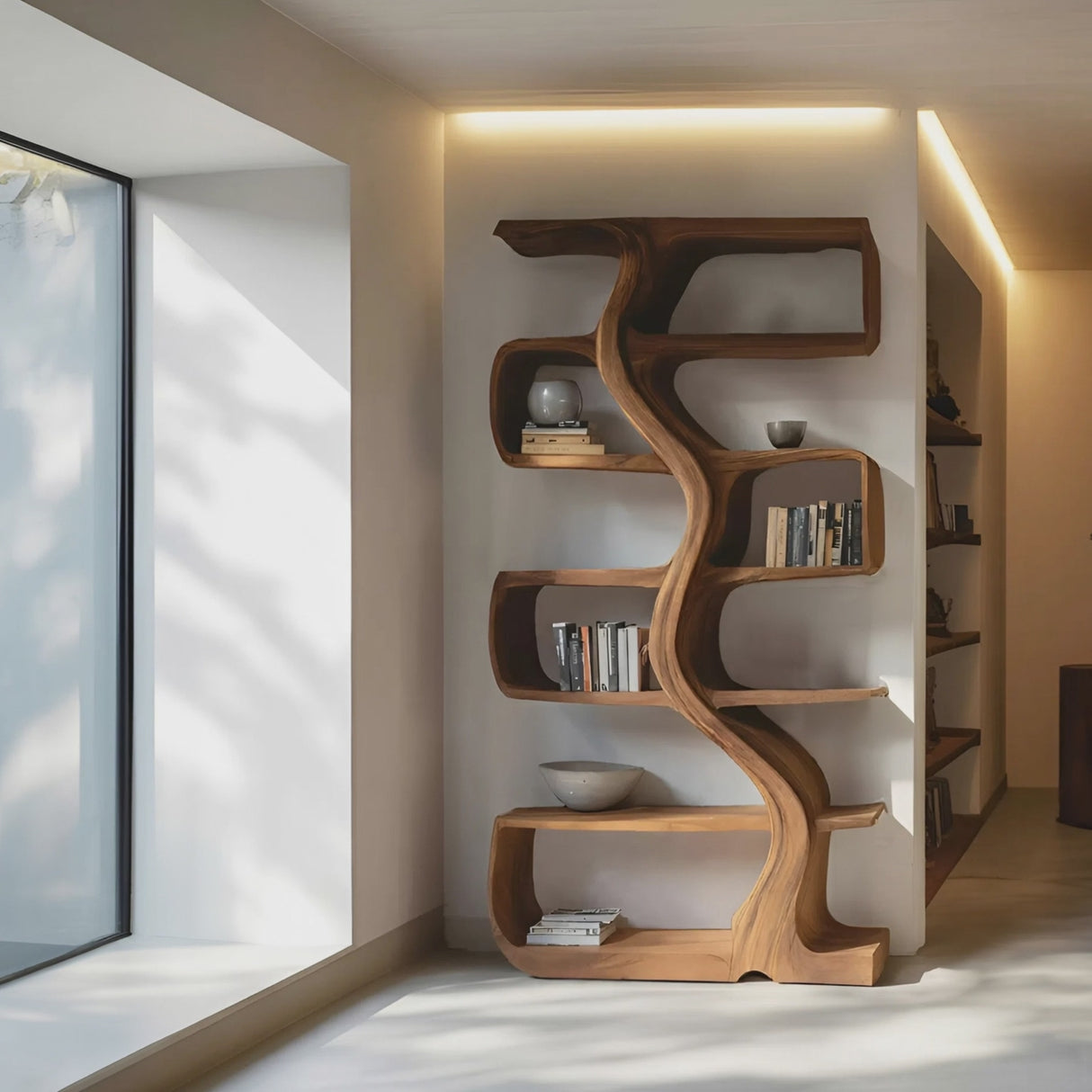Organic Sculptural Bookshelf With Wavy Design For Living Room