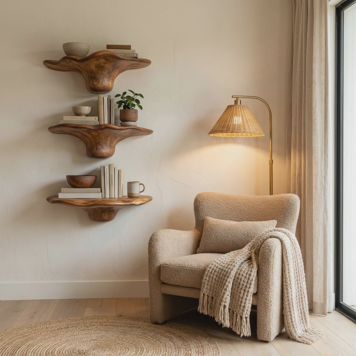 Handcrafted Solid Wood Mushroom Shelf For Bedroom Wall Decor