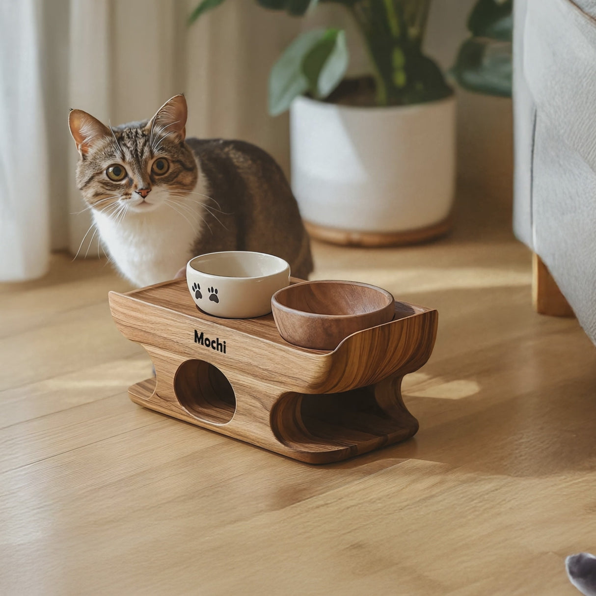 Mid Century Dog Food Bowl Stand With Wooden Base