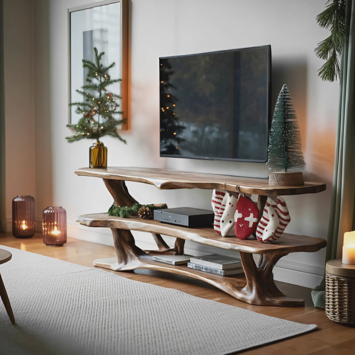 Farmhouse Live Edge Wooden TV Console For Holiday Bedroom Decor