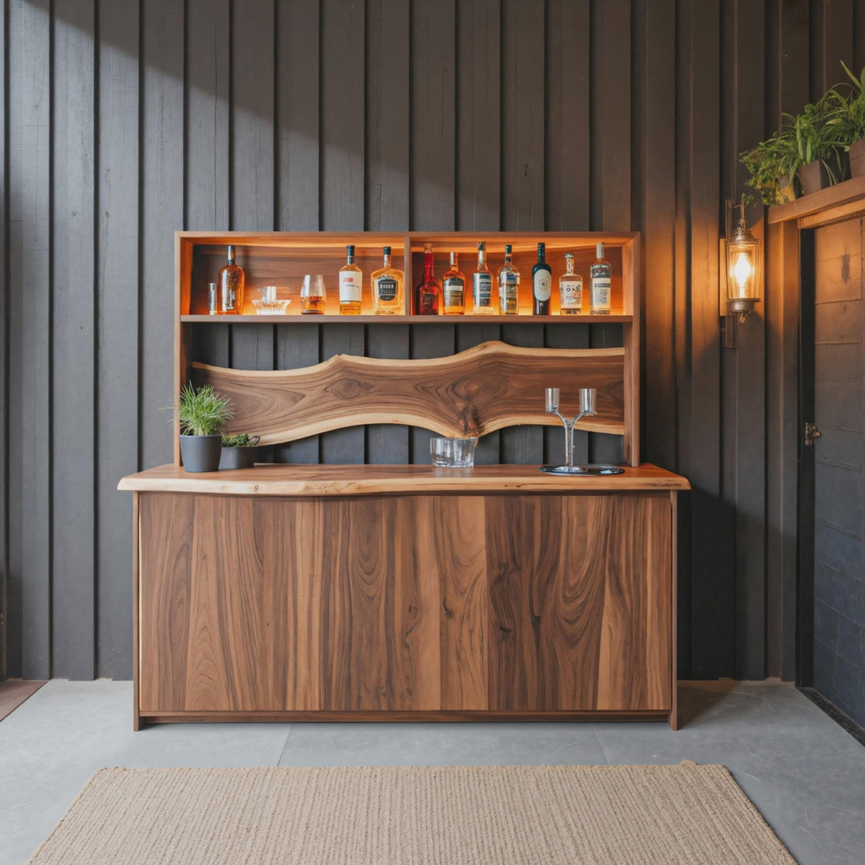 Modern Live Edge Indoor Bar Table With Wave Shelf For Home Lounge