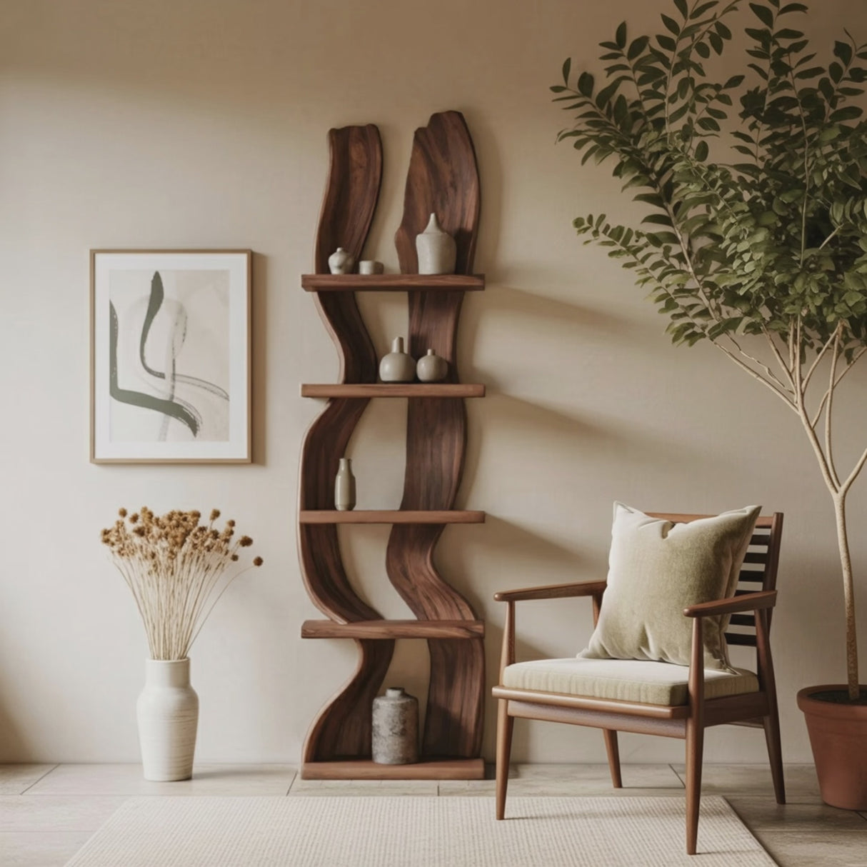 Modern Rustic Standing Shelf With Curved Silhouette For Living Room