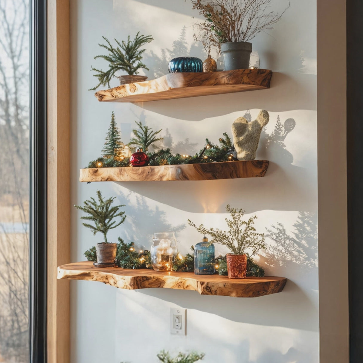 Mid Century Live Edge Floating Shelf For Xmas Bedroom Decoration