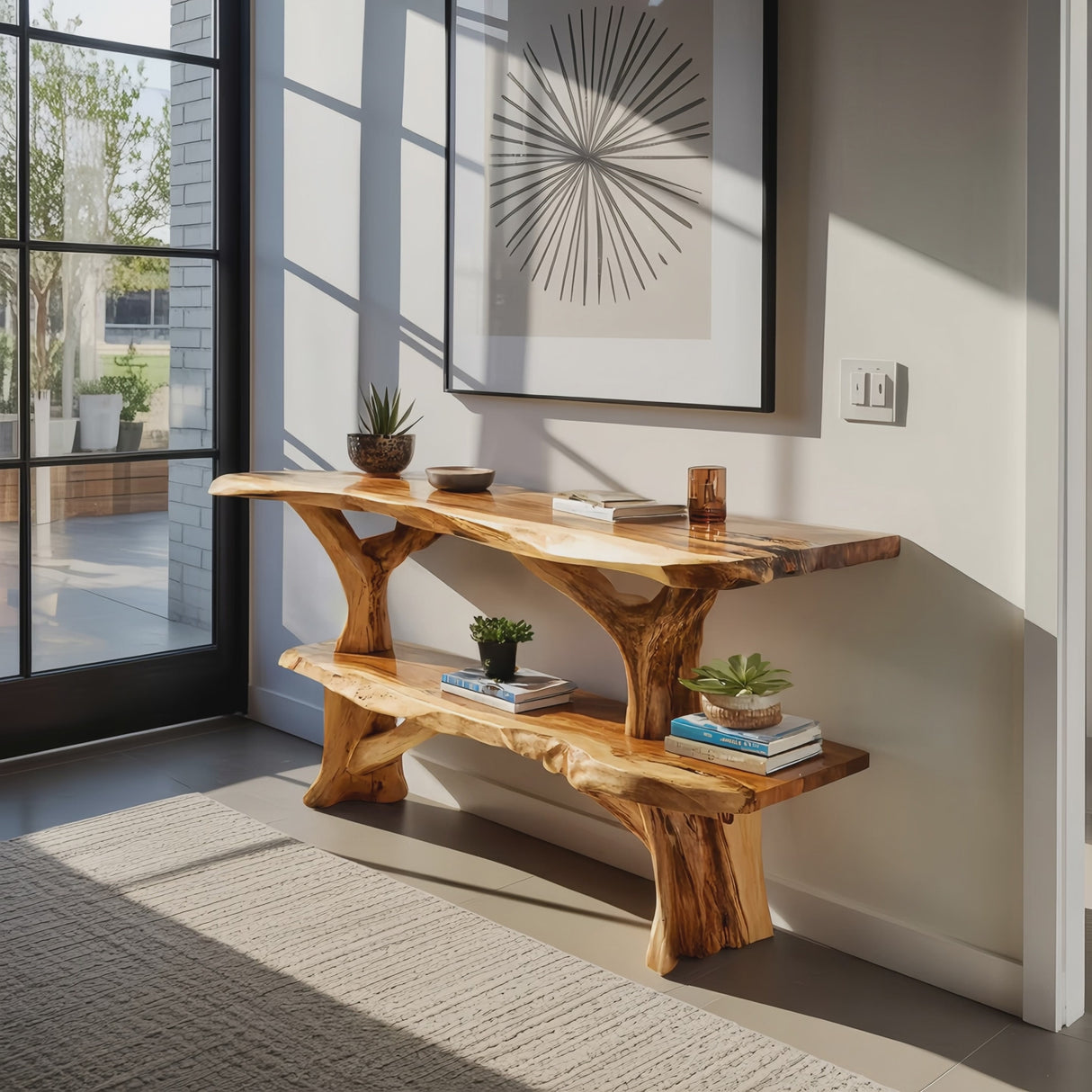 Mid Century Wooden Live Edge Console Table For Apartment Living Room