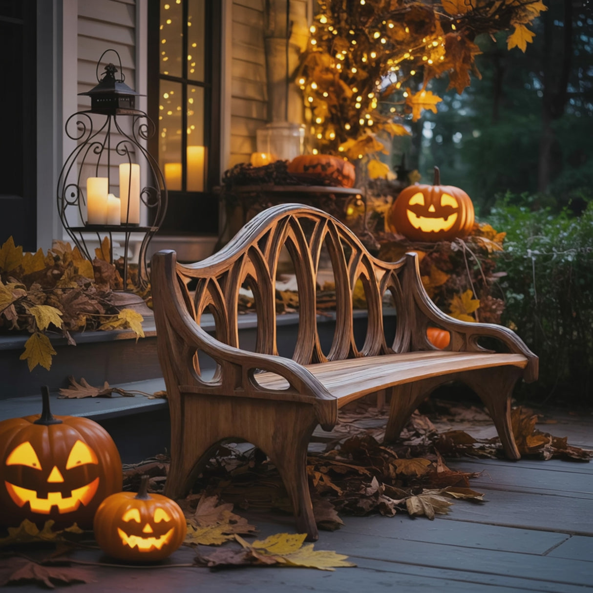 Farmhouse Solid Wood Halloween Bench For Outdoor Porch Design