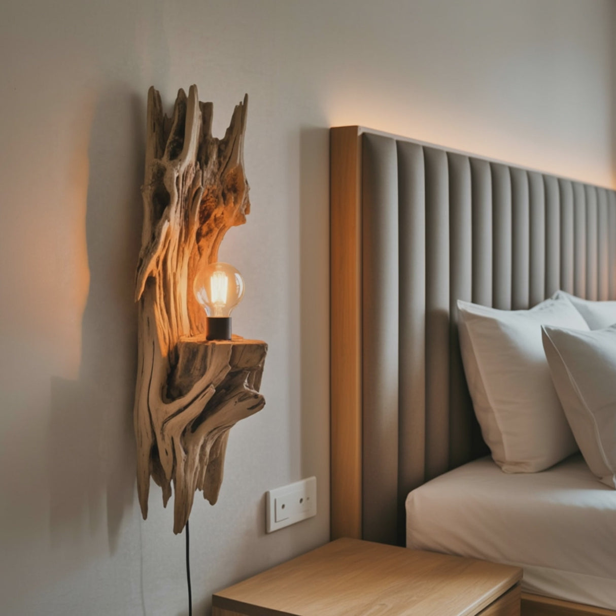 Rustic Driftwood Wall Lamp With Sculpted Form For Bedroom Or Living Room