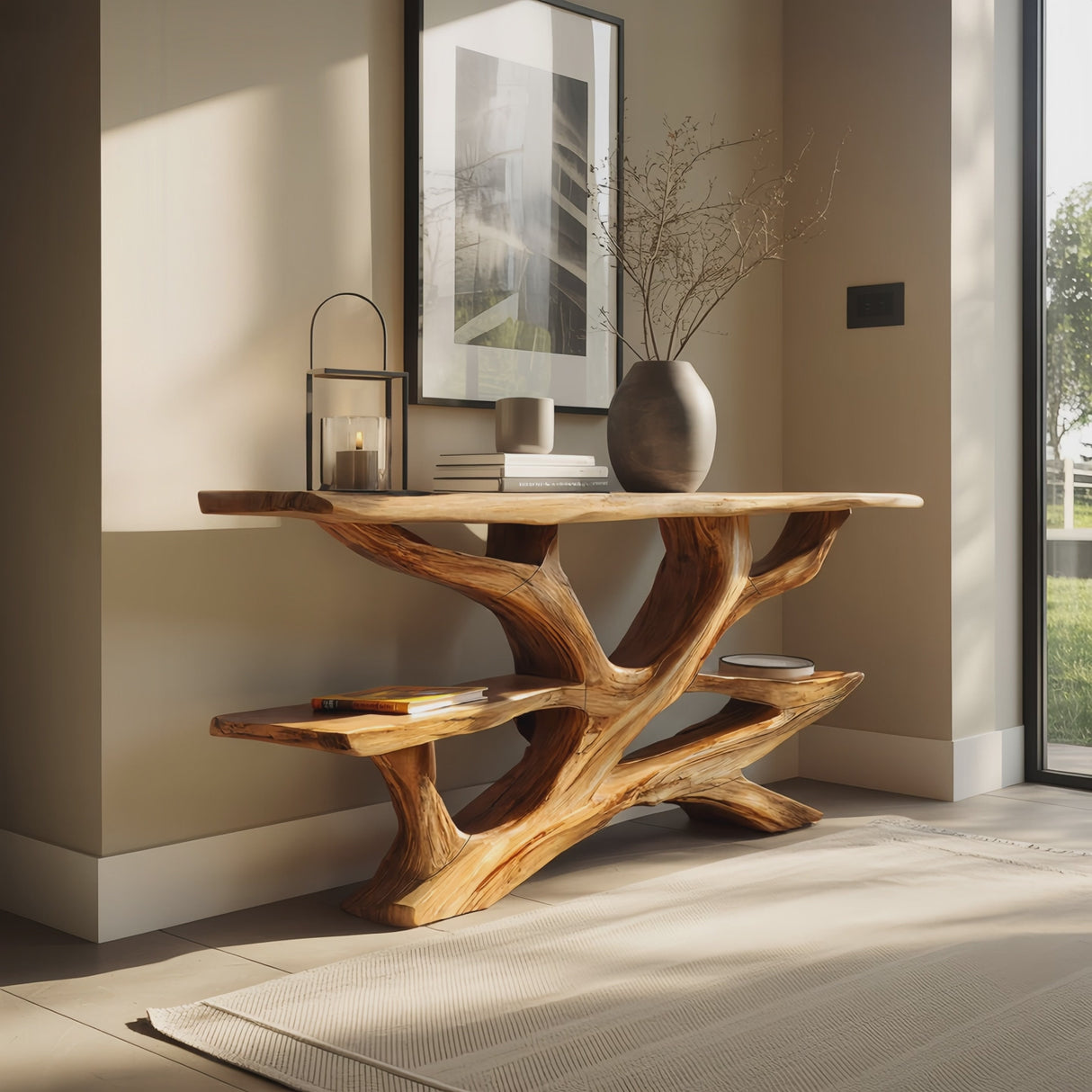 Mid Century Wooden Live Edge Console Table For Luxury Bedroom Decor