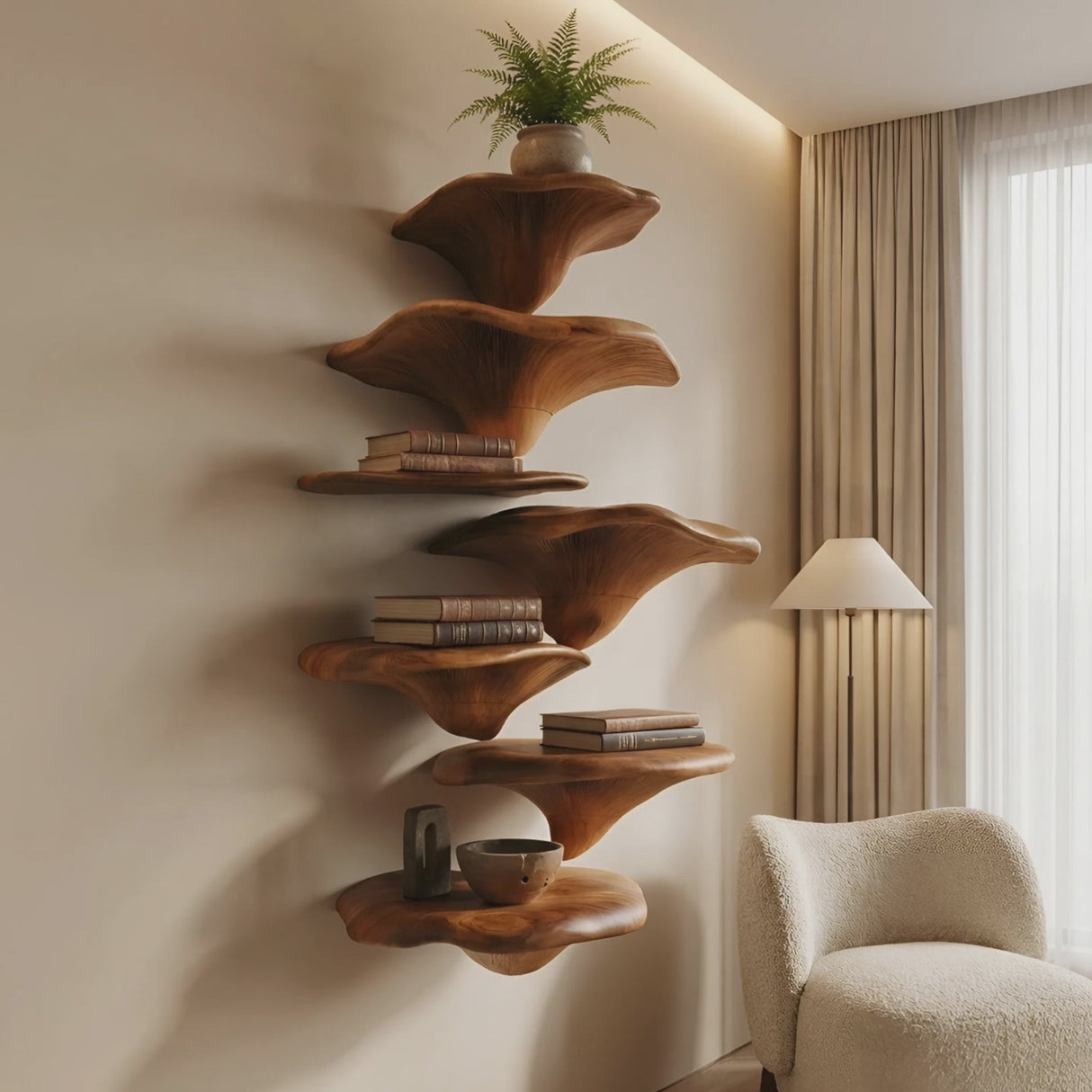 Handcrafted Solid Wood Mushroom Shelf For Organic Furniture Decor
