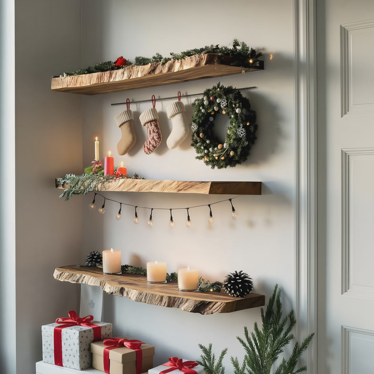 Handcrafted Live Edge Floating Shelf For Festive Xmas Entryway Design
