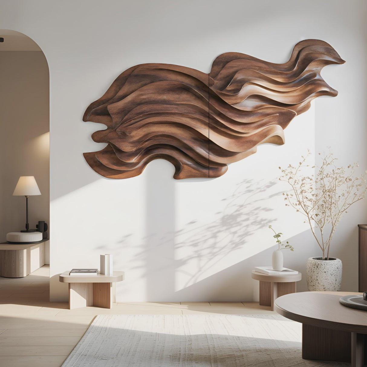 Flowing Wave Wall Sculpture With Abstract Carving For Living Room
