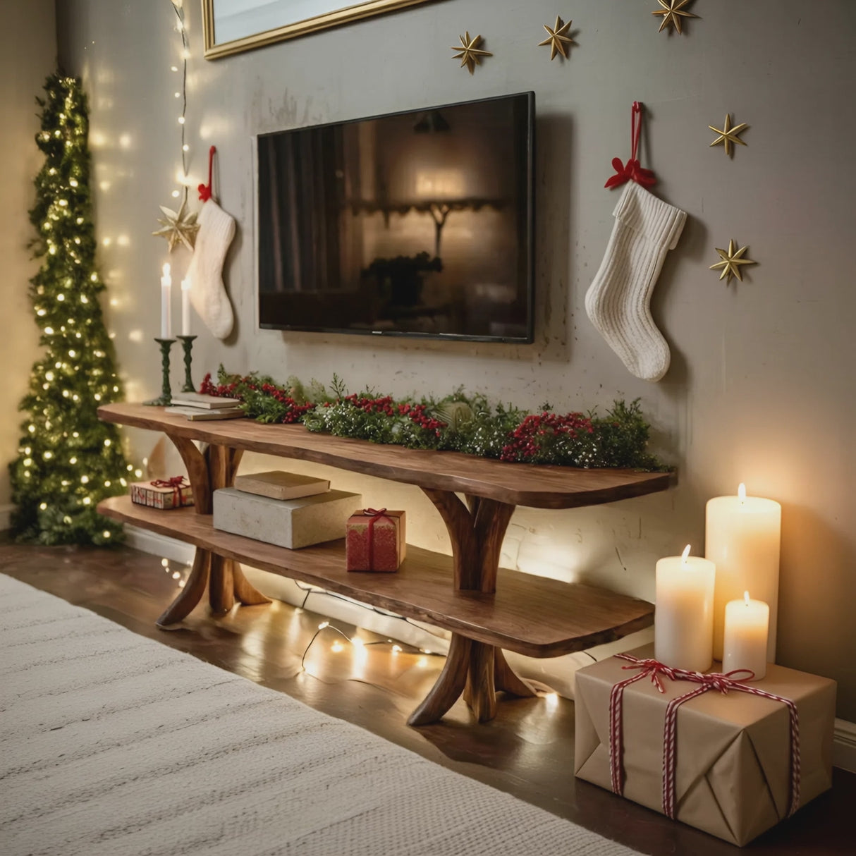 Mid Century Wooden Live Edge TV Console For Christmas Living Room Decor