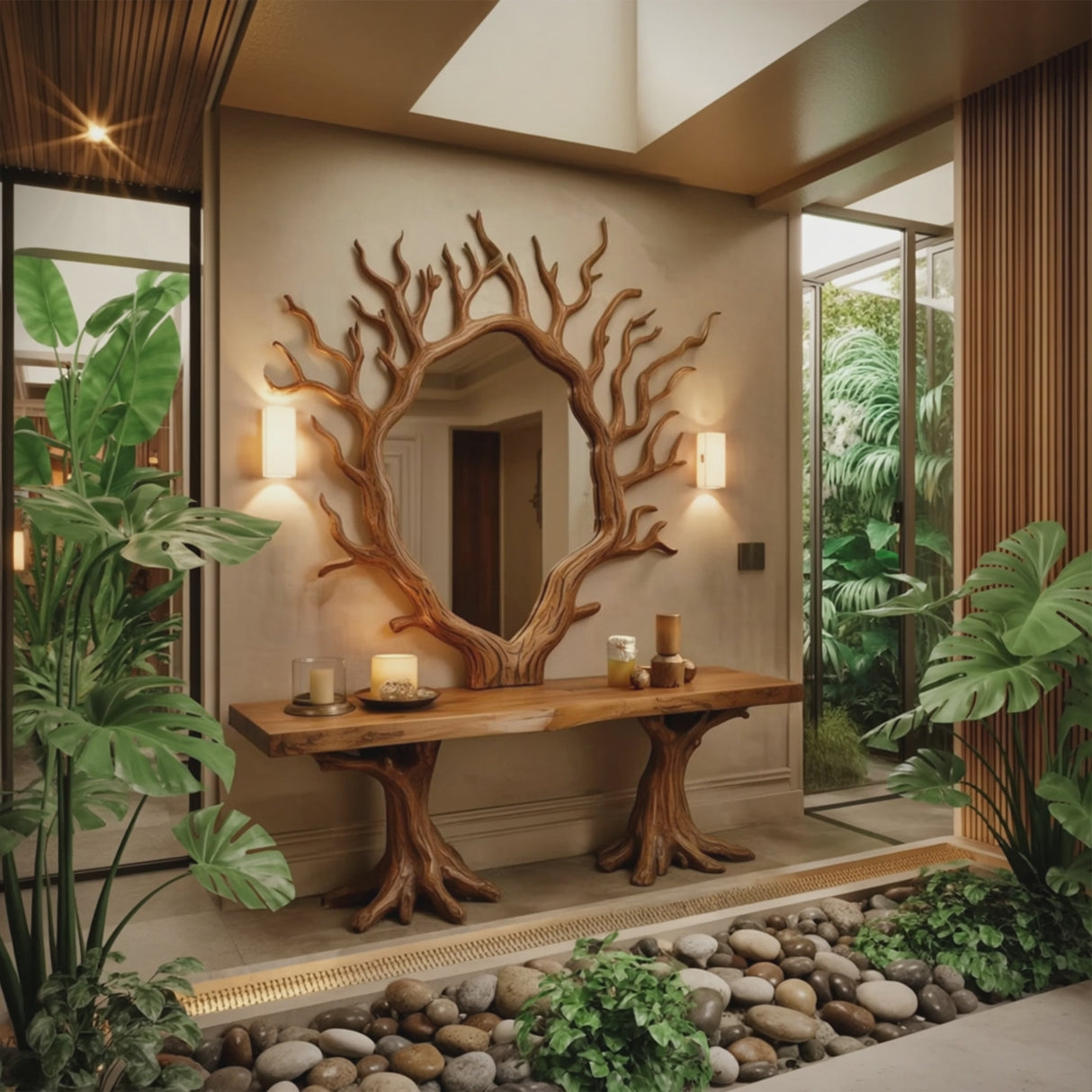 Artistic Tree Shaped Mirror And Console Table For Entryway