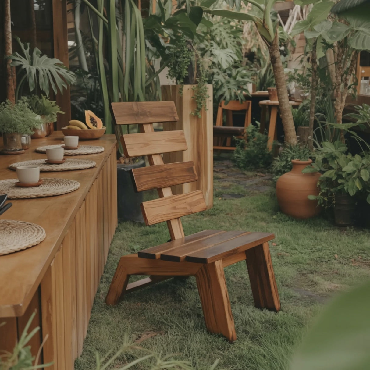 Modern Slatted Wood Outdoor Lounge Chair For Garden Or Patio