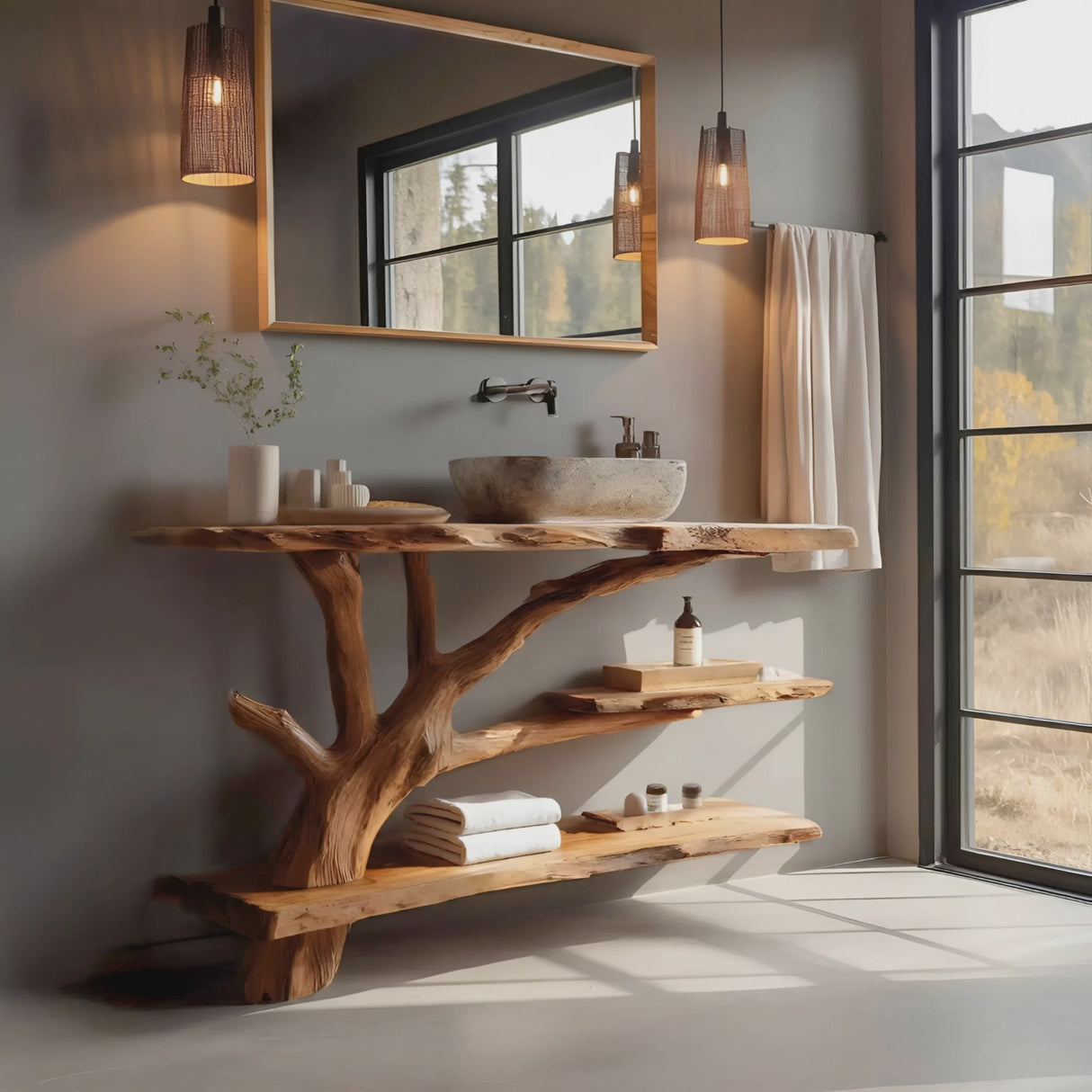 Mid Century Wooden Live Edge Bathroom Vanity For Bathroom Design