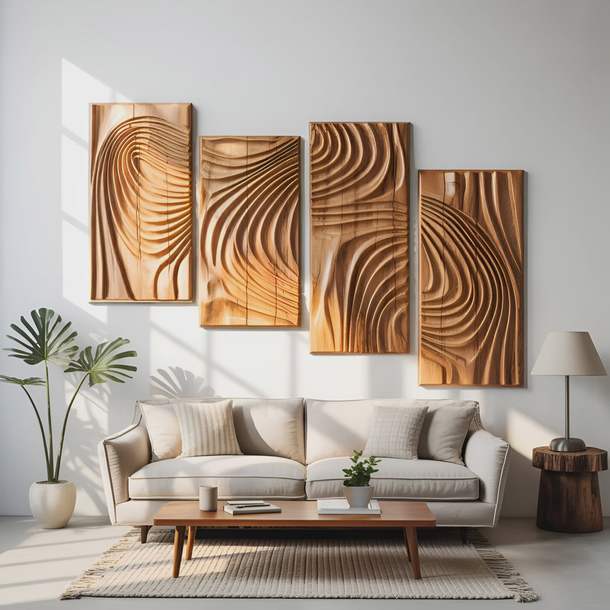 Carved Wall Art Panel With Abstract Wave Design For Hallway