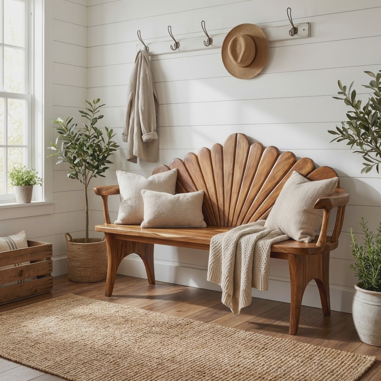 Natural Solid Wood Entryway Bench For Foyer Decor
