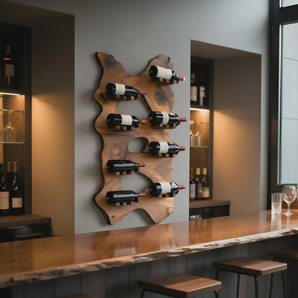 Mid Century Wooden Live Edge Wine Holder For Living Room Decor