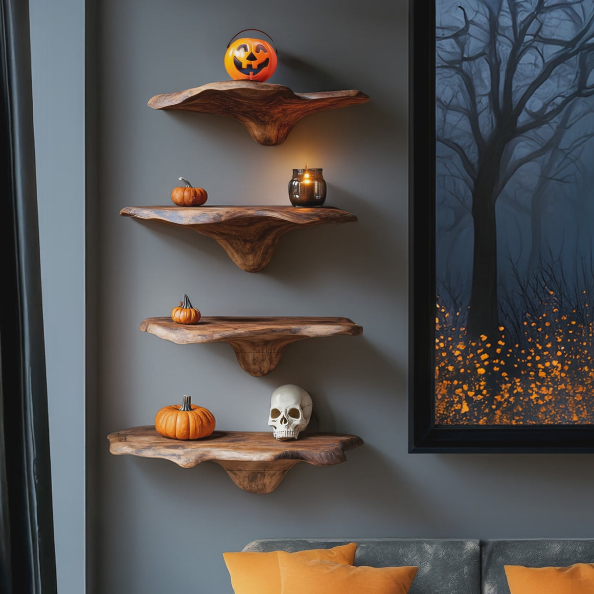 Handcrafted Live Edge Mushroom Shelf For Halloween Entryway