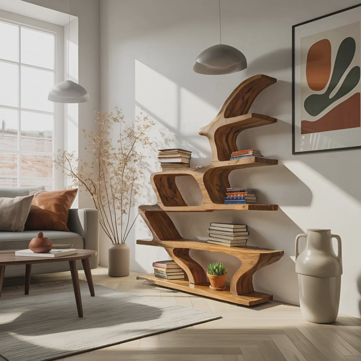 Modern Sculptural Bookshelf With Fluid Shelving For Living Room