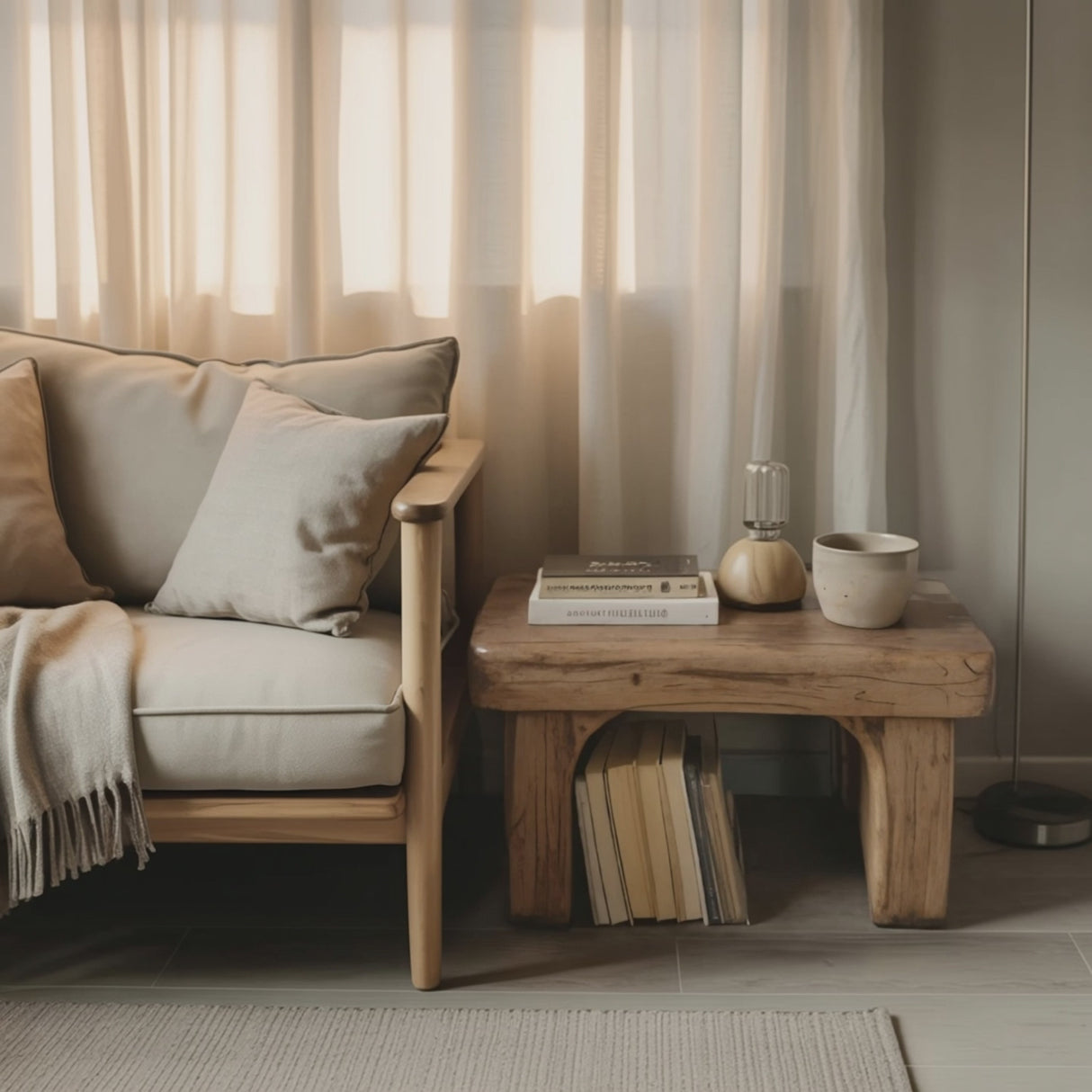Rustic Nightstand Low Bedside Table With Shelf For Bedroom And Meditation