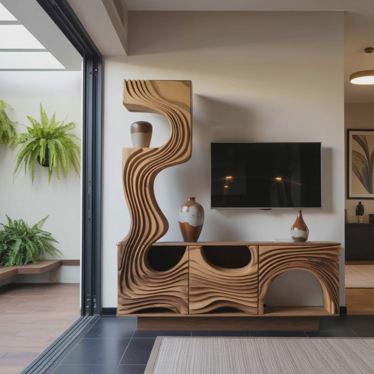 Wavy Sculptural TV Console Media Cabinet For Living Room And Lounge