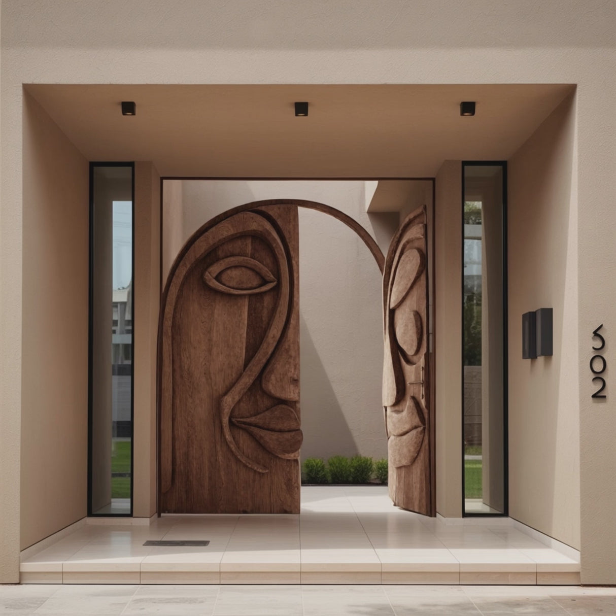 Artistic Face Carved Entry Door For Villa Entrance