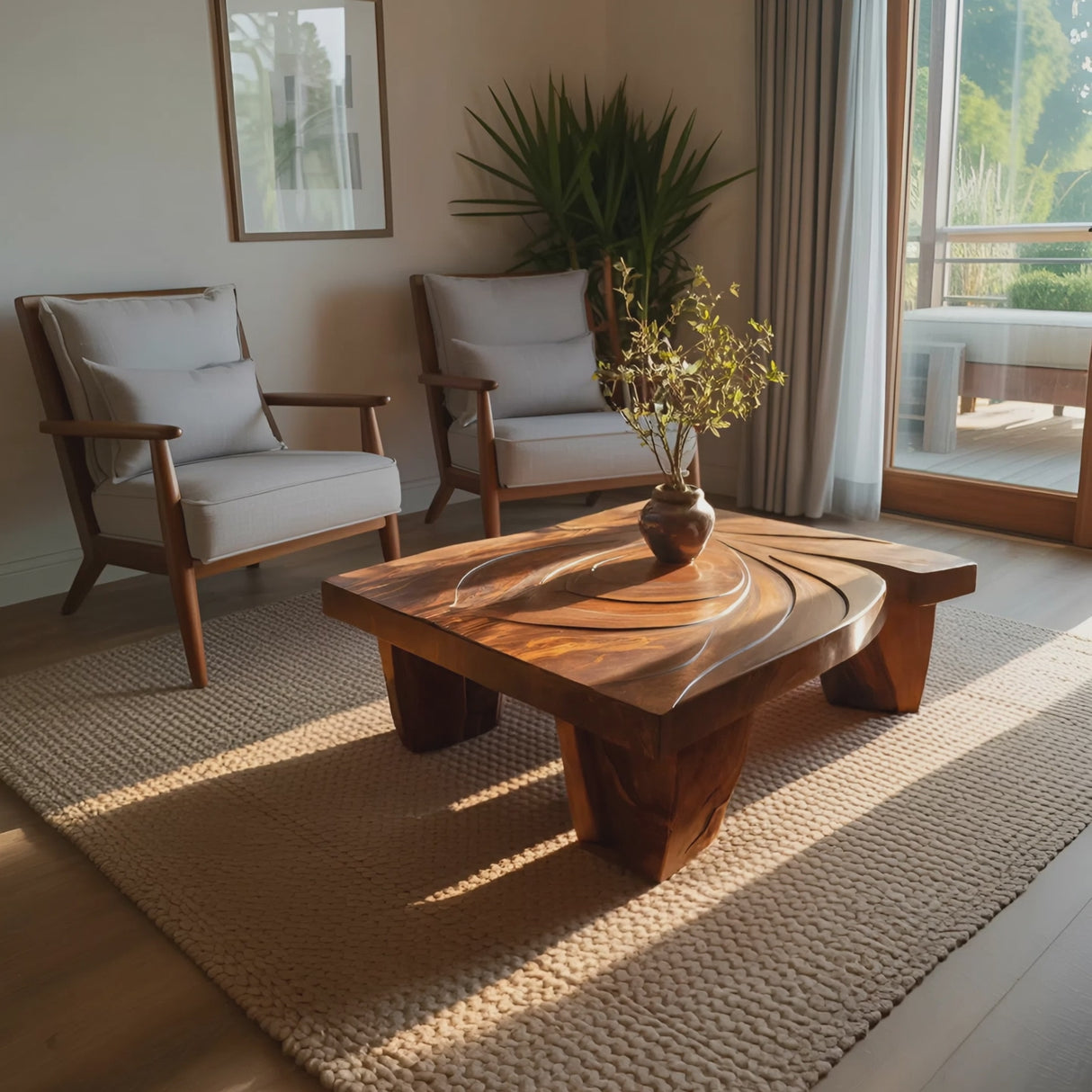Mid Century Abstract Solid Wood Coffee Table For Living Room