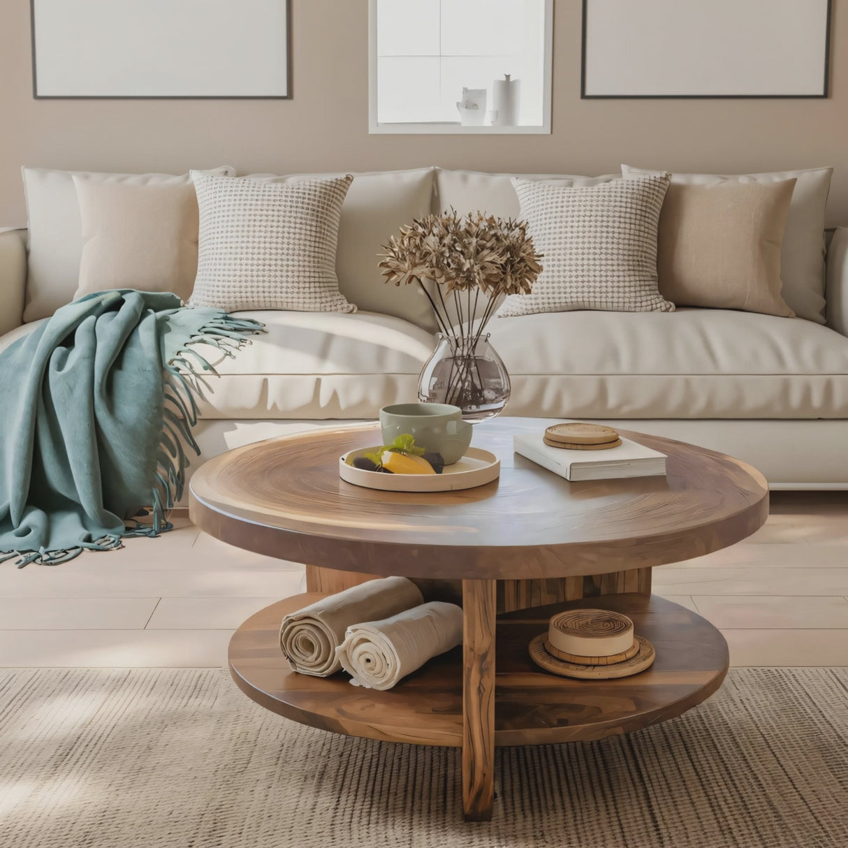 Tropical Round Coffee Table With Shelf For Coastal Living Room And Lounge