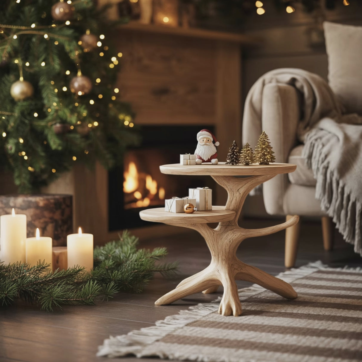 Handcrafted Round End Table For Entryway Design Xmas Accent